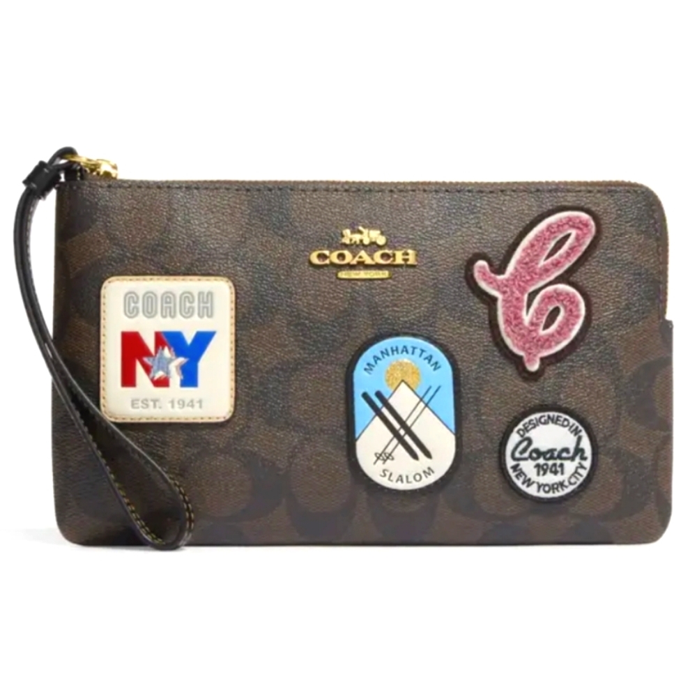 Coach Large Corner Zip Wristlet In Signature Canvas w/ Ski Patches - CF457 NWT